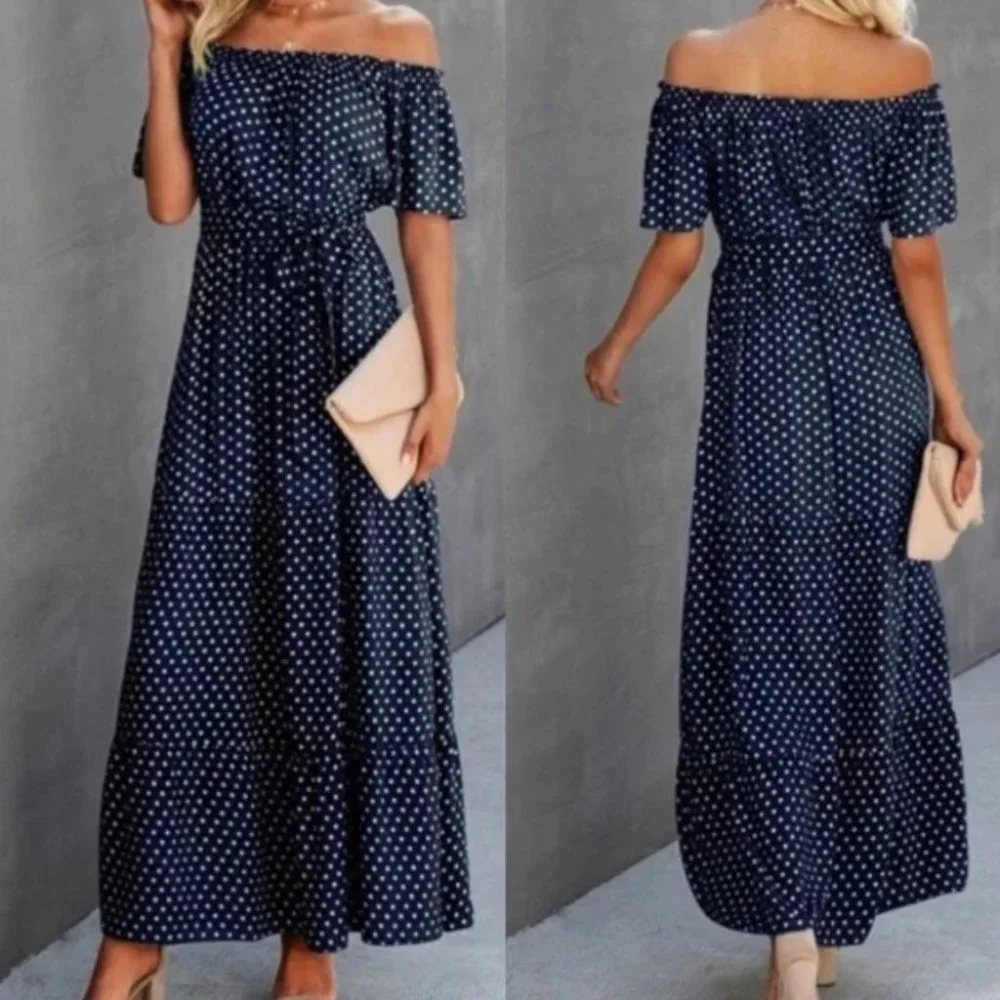 Boho polka-dot shoulder ruffle maxi dress blue - Picture 1 of 6